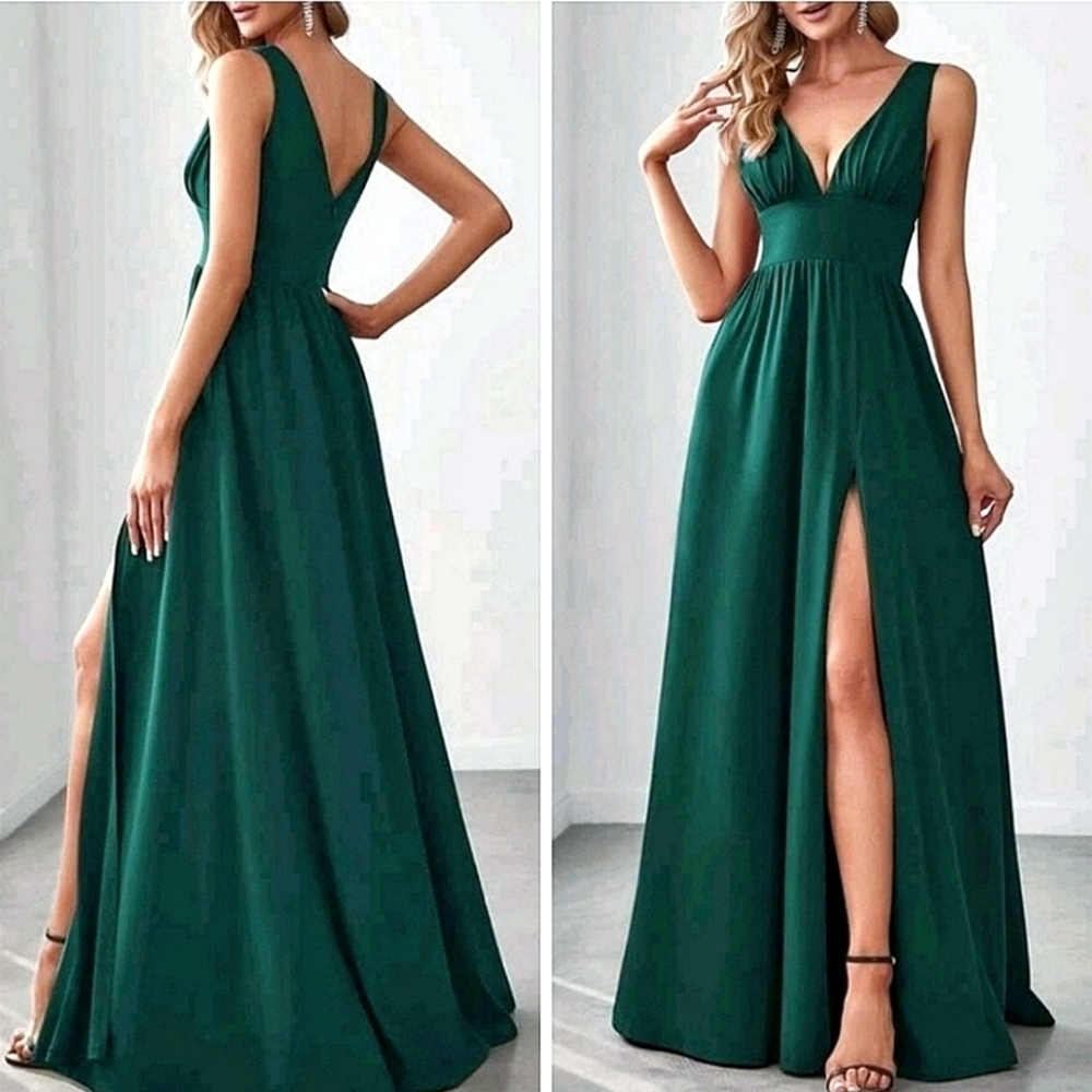 New Luxe Deep V Split Leg Maxi Dress Flowy Deep Green